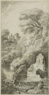 Figures in a Rocky Landscape with Waterfall, n.d. Attributed to Johann Samuel Bach.