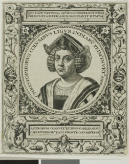 Christopher Columbus, frontispiece from volume 5 of Theodor de Bry's America, 1595. Creator: Johann Theodor de Bry.