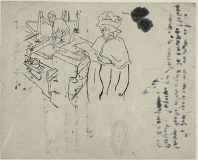 Cover of L'Estampe originale, with notes, 1893. The dancer Jane Avril peruses one of Père Cotelle's prints.
