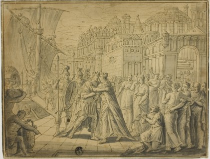 Dido and Aeneas Embracing before Gates of Carthage, n.d. Creator: Unknown.