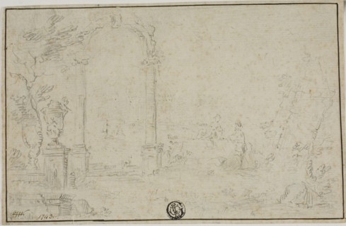 Ruins in a Park, Two Figures, n.d. Style of Francesco Guardi.
