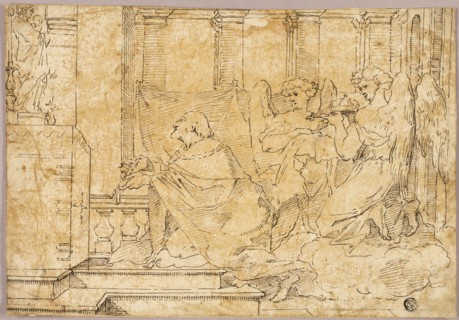 Saint Kneeling before Altar with Statue of Madonna and Child, n.d. Style of Sébastien Bourdon.