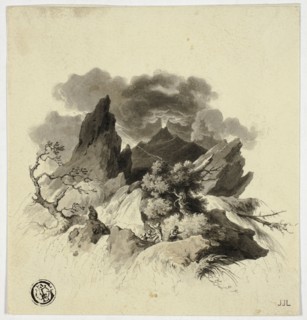 Violent Storm in Mountains with Erupting Volcano in Distance, n.d.