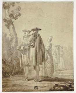 Three Musicians and Two Ladies in Outdoor Setting, n.d.