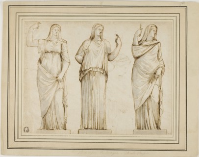 Three Roman Statues of Draped Female Figures and Sketch of Another Statue in Profile to Right, n.d.