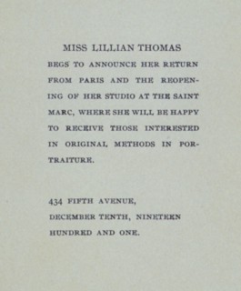 Miss Lillian Thomas begs to announce her return from Paris . . ., c1900. Creator: Unknown.