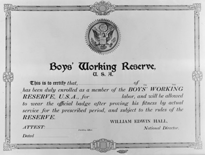 Boys Working Reserve, U.S.A. Certificate, 1917. Creator: Harris & Ewing.