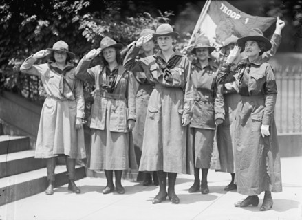 Girl Scouts - Troop #1. Mrs. Juliette Low, Founder, Right; Elenore Putsske, Center; Evaline..., 1917 Creator: Harris & Ewing.