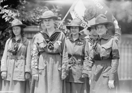 Girl Scouts - Troop #1. Mrs. Juliette Low, Founder, Right; Elenore Putsske, Center; Evaline..., 1917 Creator: Harris & Ewing.