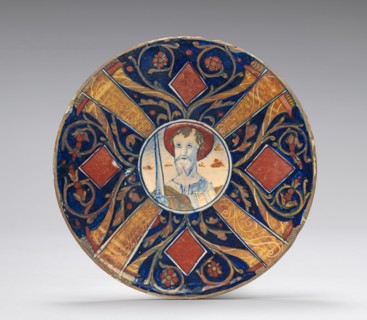 Small flat plate with border of cornucopias, scrollwork, and lozenges..., probably c.1515/1525. Creator: Giorgio Andreoli workshop.
