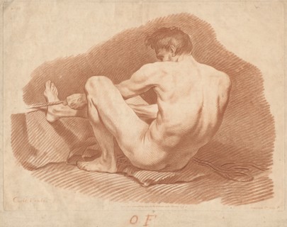 Seated Nude Man, Seen from Behind, Pulling a Rope, c. 1760.