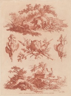 Hunting Trophies and Vignettes with Dogs Chasing a Boar and a Stag, 1773.