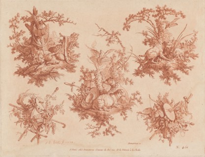 Five Trophies with Themes of Hunting, Love, and Folly, 1774.
