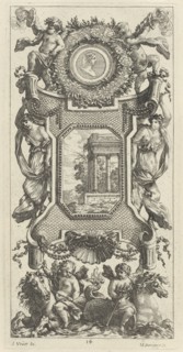 Ornamental Panel Surmounted by a Bust of a Woman and Two Putti with Flaming Trumpets, 1647.