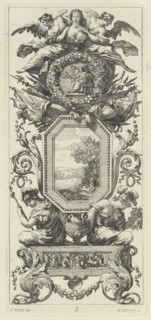 Ornamental Panel Surmounted with Two Figures Leaning on the Bust of a Woman, 1647.