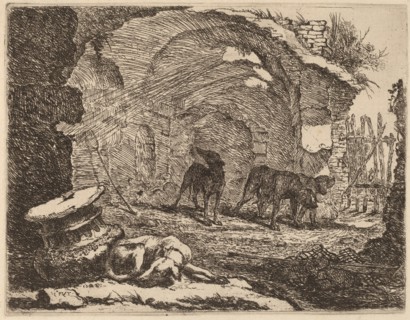 Four Dogs, One Sleeping beside a Capital, 1642.