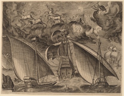 Two Galleys behind an Armed Three-Master with Phaethon and Jupiter in the Sky, 1565.