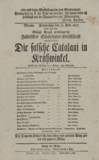 Theater playbill for "Die falsche Catalani in Krähwinkel," presented by the Königlich..., c1827. Creator: Adolf Bauerle.