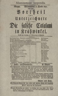 Theater playbill for "Die falsche Catalani in Krähwinkel," benefit performance..., c1831. Creator: Adolf Bauerle.