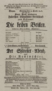 Theater playbill for "Die beiden Britten" and "Der Sylvester-Abend, oder Die Nachtwächter..., 1826. Creators: Carl Blum, Merville.