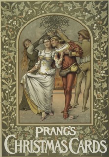 A poster with the words 'Prang's Christmas Cards,' depicting four performers, holly..., c1865 - 1899 Creator: Louis Prang.