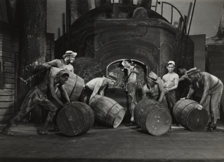 Men moving barrels, 1936.