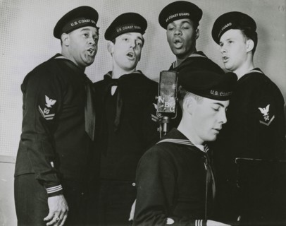 Group photograph of the U.S. Coast Guard Quartet members while singing, New York, N.Y., 1939 - 1945.