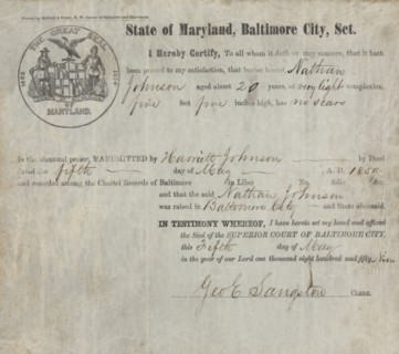 Nathan Johnson Manumitted by Harriett Johnson, 1859.
