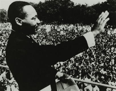 Dr. Martin Luther King, Jr. waving to the crowd from the steps of the Lincoln Memorial..., 1963. Creator: Unknown.