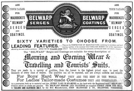 '' Maddocks "Belwarp" Serges and Coatings', 1890. Creator: Unknown.