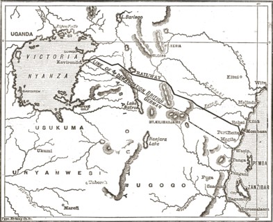 ''Map showing the Proposed Route of the British East African Company's Railway', 1890. Creator: Unknown.