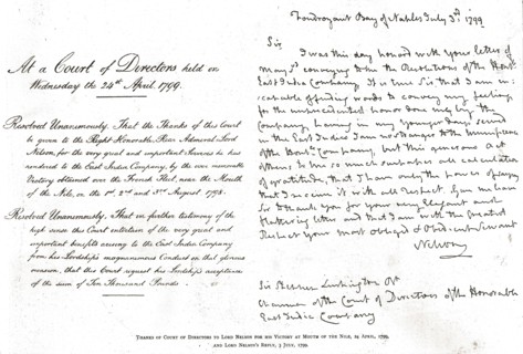 'Thanks of Court of Directors to Lord Nelson for his Victory at Mouth of the Nile, 1799, 1890 Creator: Unknown.