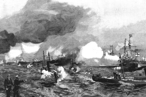 'The German Manoevers in Schleswig-Holstein; Torpedo boats attacking a squadron of Ironclads,1890 Creator: Unknown.
