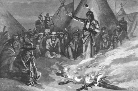 ''The Threatened Rising of American Indians; Sitting Bull Addressing a Meeting of "Braves" ', 1890. Creator: Unknown.