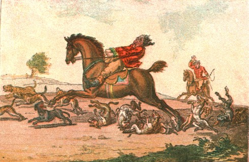 ''Old Fashioned Sporting Pictures, and the Road to Bygone Days; Hunting Mishaps-- Hounds in Full Cry Creator: Unknown.