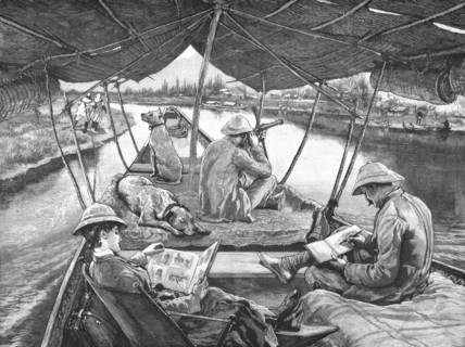 ''Houseboat Life in Kashmir; On the way to Sumbul on the Thelum River', 1891. Creator: W Small.