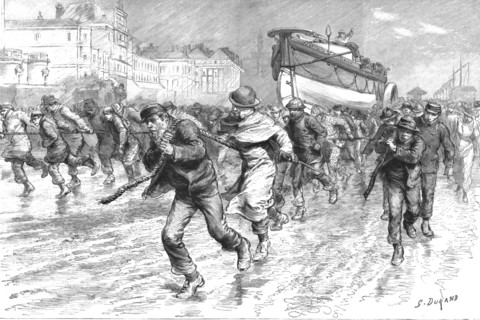 ''The Gales on the South Coast - Dragging the Lifeboat from Brighton to Portslade', 1891. Creator: G Durand.