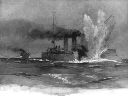 'Le croiseur "Bremen" au moment ou il est atteint par une torpille d'un sous-marin..., c1915. Creator: Unknown.