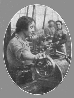 'Les femmes dans les usines de guerre; Une jeune Parisienne travaillant a l'evidement..., 1916. Creator: Unknown.
