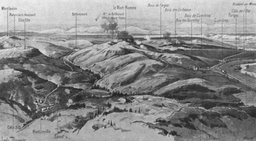 'Le Mort-Homme ( 9 avril 1916); et le panarama qui s'etend de Montfaucon a la rive gauche..., 1916. Creator: Unknown.