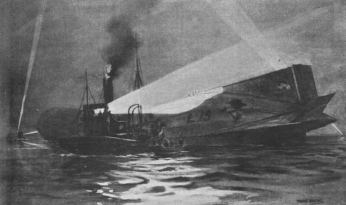 'Le Zeppelin "L-15" abattu dans l'estuaire de la Tamise; L'equipage du L-15 se rend..., 1916. Creator: Maurice Randall.