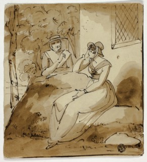 Two Women Conversing Near House, 1790. Creator: Unknown.