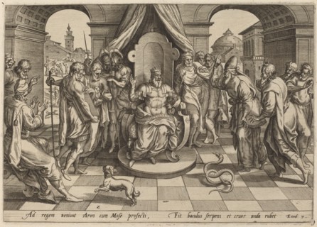 Moses and Aaron before the Pharoah, 1585. Creator: Jan Wierix.