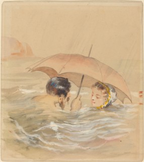 Male and Female Bathers with Umbrella. Creator: Alfred Grevin.