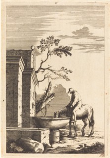 Horse and Rider at a Fountain, c. 1650. Creator: Bernhard Zaech.
