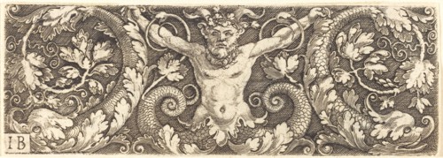 Ornament with Fantastic Satyr and Dolphins. Creator: Master I. B..