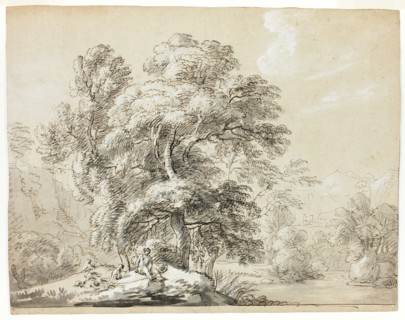 Man and Dog Seated Below Trees by River, n.d. Creator: Paul Sandby.