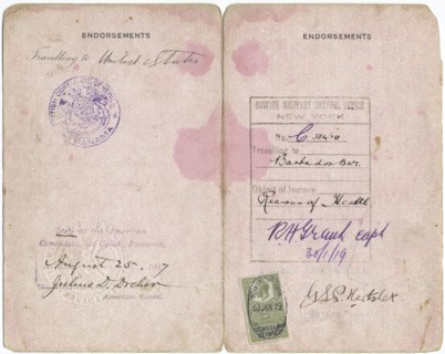 Caltilda Downes: Barbados Passport, interior, 1919. Creator: Unknown.