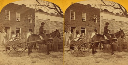 View of a man in mule cart in front of a home, 1875. Creator: Unknown.