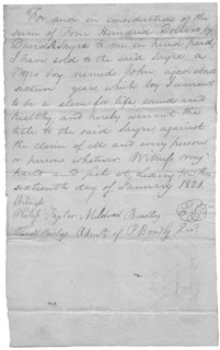 Bill of sale for John, 16 yr old boy for $400, 1821. Creator: Unknown.